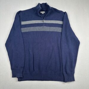 Kenneth Cole Reaction Mens XL Navy Blue Grey Stripe 1/4 Zip Cotton Sweater